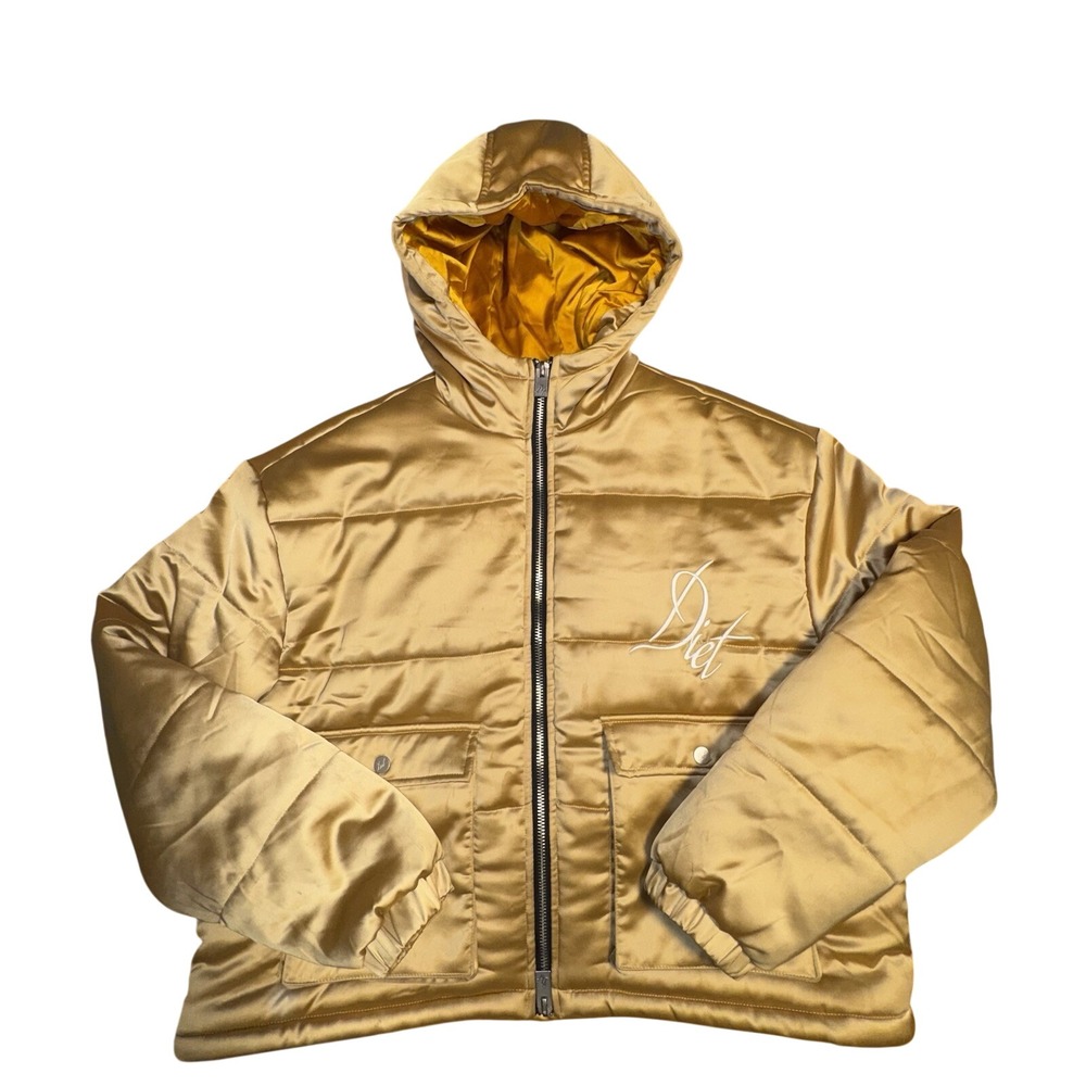 Diet Starts Monday Los Angeles Gold Satin Puffer Jacket Mens XL Cant Teach Taste
